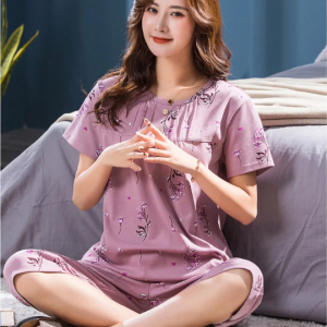 Elegant Cotton Print Short Sleeve Top Elastic Waist Cropped 2 Pieces Set