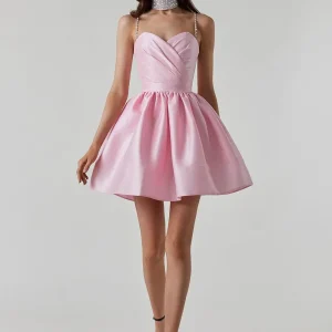 Elegant Diamond Spaghetti Strap Solid Color Low Cut Mini Evening Dress