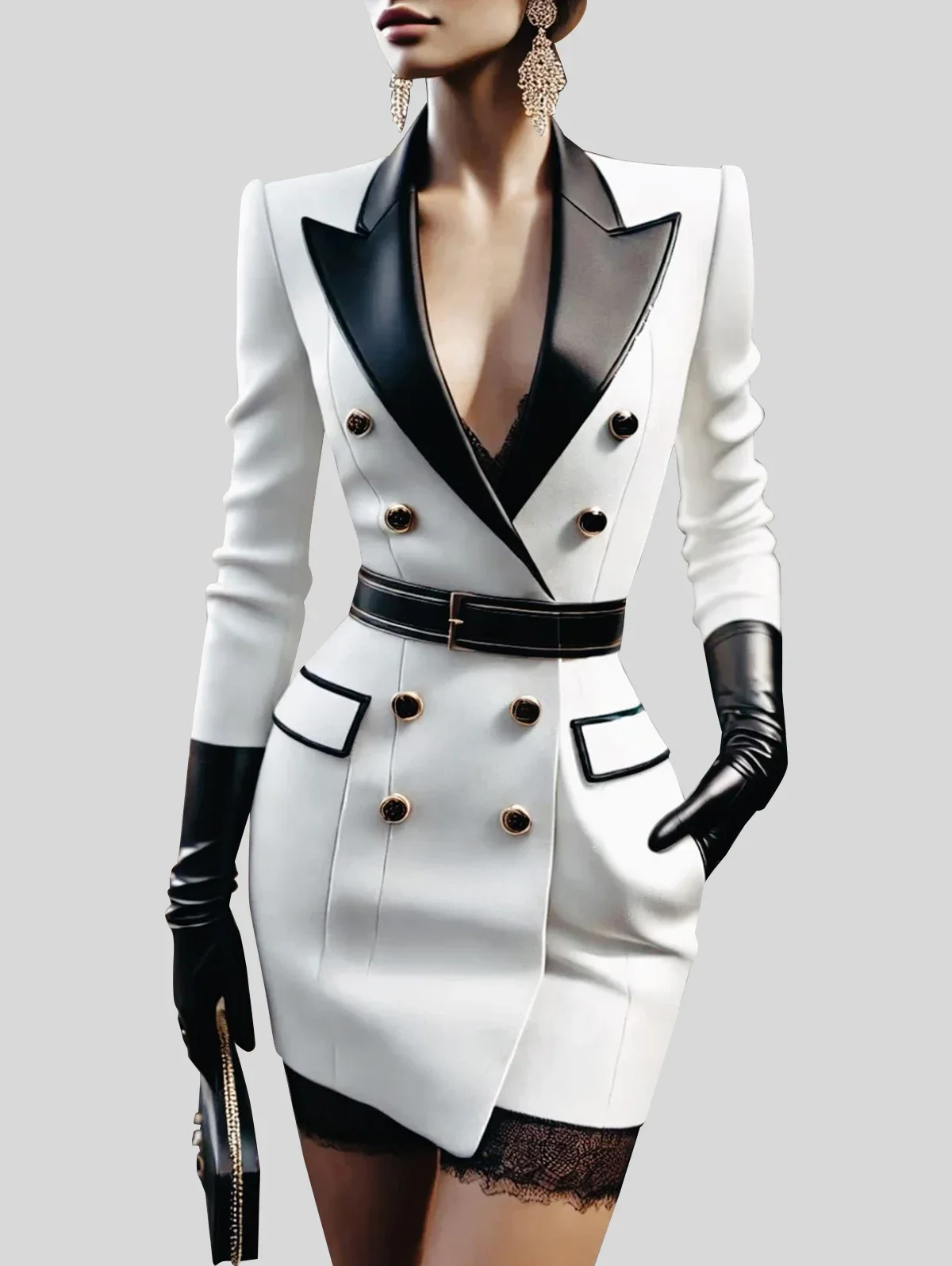 Elegant Double Breasted Peak Lapel With Belt Tailored Slim Fit Mini Blazer Dress - Image 2