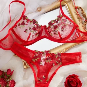 Elegant Embroidery Flower Transparent Thong Set Thin Cup Underwear Bra