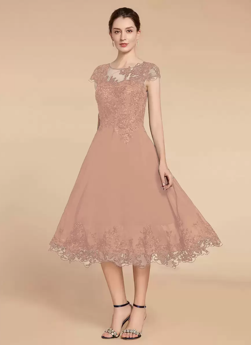 Elegant Fashion Jewel Neck Cap Sleeves Lace A-Line Tea-Length Wedding Guest Dresses - Image 9