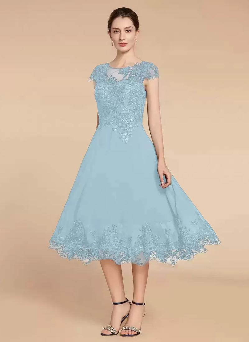 Elegant Fashion Jewel Neck Cap Sleeves Lace A-Line Tea-Length Wedding Guest Dresses - Image 10