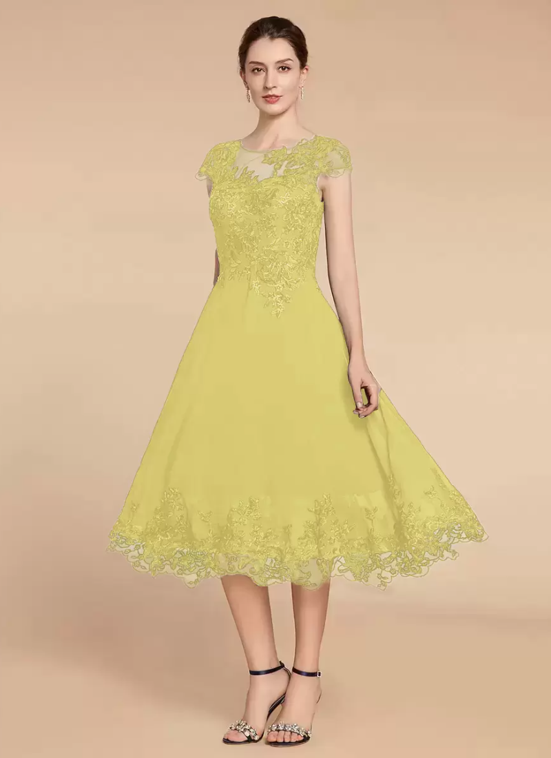 Elegant Fashion Jewel Neck Cap Sleeves Lace A-Line Tea-Length Wedding Guest Dresses - Image 4