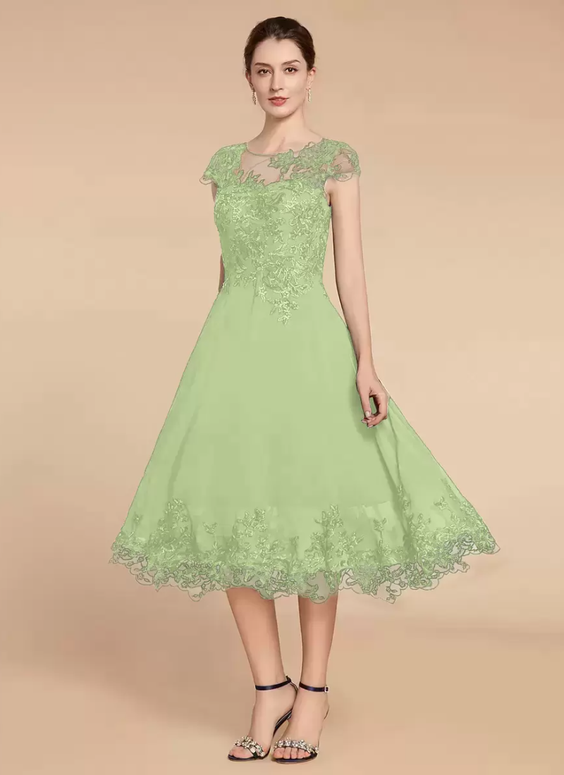 Elegant Fashion Jewel Neck Cap Sleeves Lace A-Line Tea-Length Wedding Guest Dresses - Image 8
