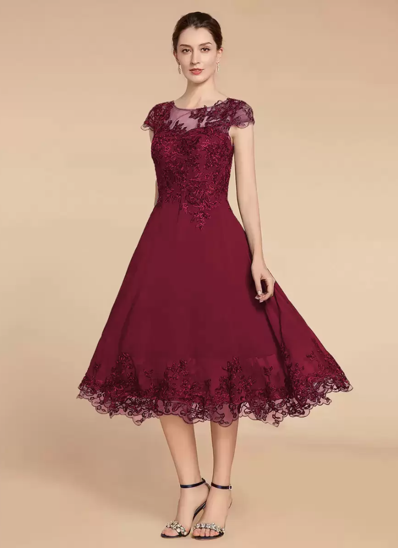 Elegant Fashion Jewel Neck Cap Sleeves Lace A-Line Tea-Length Wedding Guest Dresses - Image 3