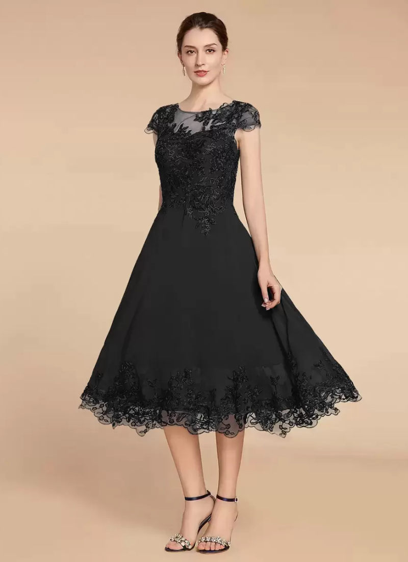 Elegant Fashion Jewel Neck Cap Sleeves Lace A-Line Tea-Length Wedding Guest Dresses - Image 2