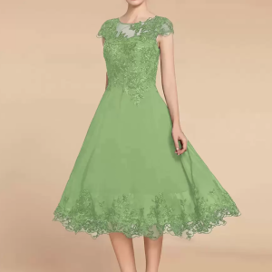 Elegant Fashion Jewel Neck Cap Sleeves Lace A-Line Tea-Length Wedding Guest Dresses