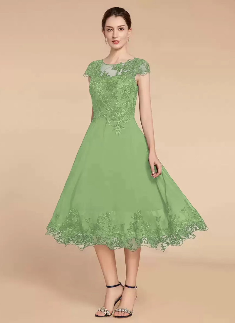 Elegant Fashion Jewel Neck Cap Sleeves Lace A-Line Tea-Length Wedding Guest Dresses