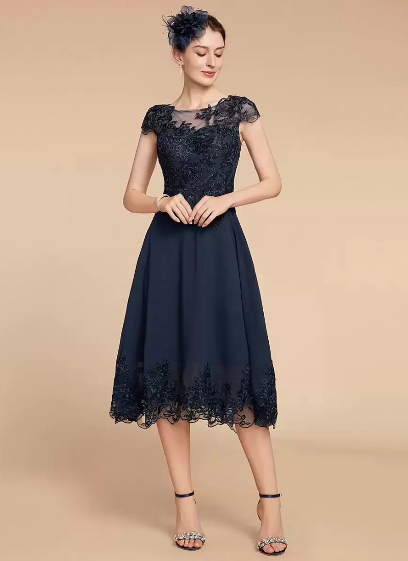 Elegant Fashion Jewel Neck Cap Sleeves Lace A-Line Tea-Length Wedding Guest Dresses - Image 5