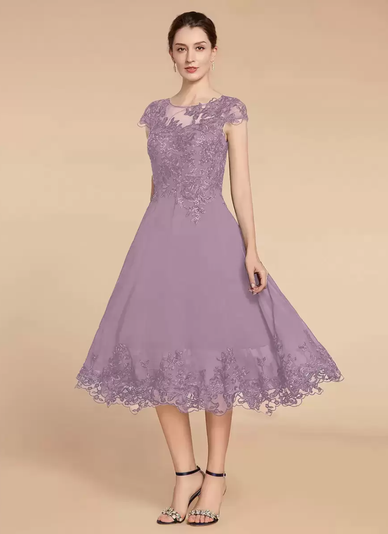Elegant Fashion Jewel Neck Cap Sleeves Lace A-Line Tea-Length Wedding Guest Dresses - Image 7
