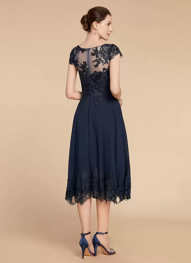 Elegant Fashion Jewel Neck Cap Sleeves Lace A-Line Tea-Length Wedding Guest Dresses - Image 6
