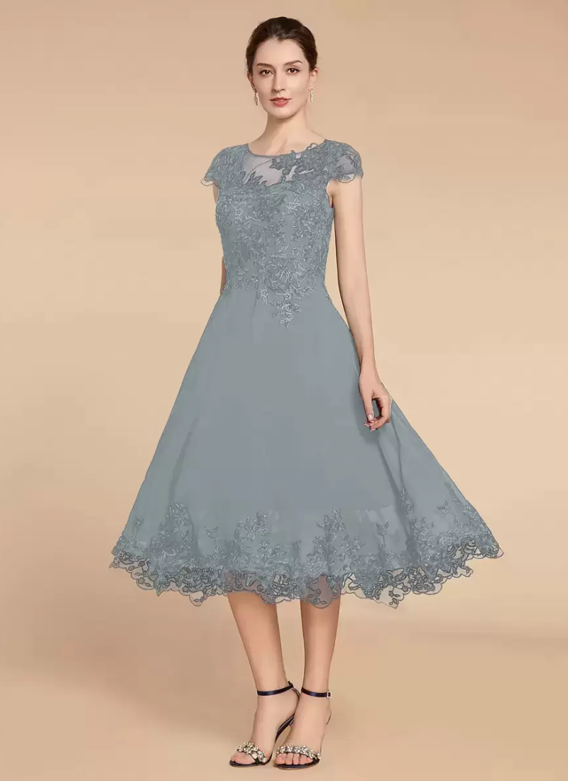 Elegant Fashion Jewel Neck Cap Sleeves Lace A-Line Tea-Length Wedding Guest Dresses - Image 11