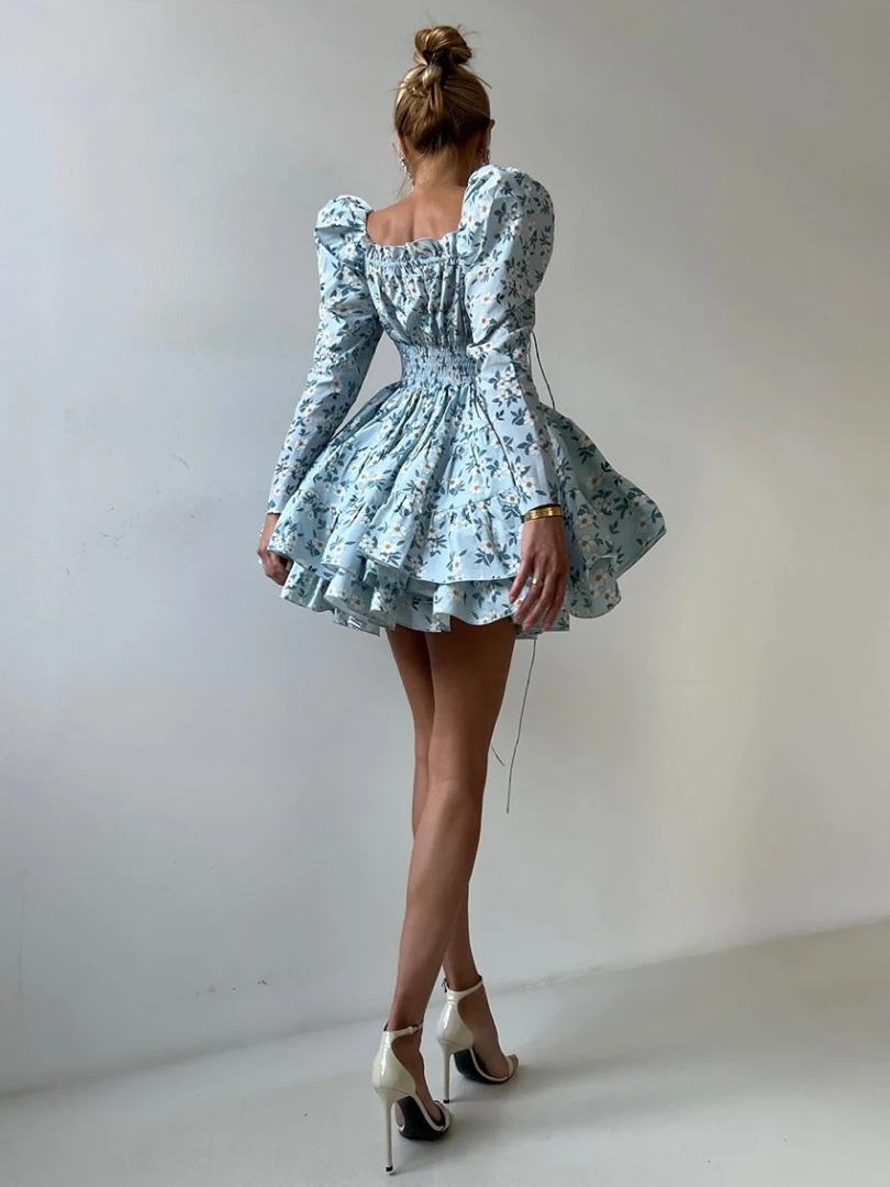 Elegant Fashion Loose Print High Waist Pleated V-Neck Long Sleeve Mini Dresses - Image 4