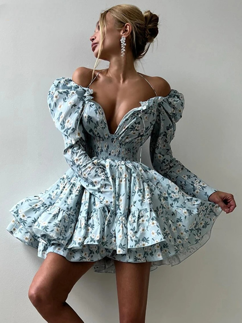 Elegant Fashion Loose Print High Waist Pleated V-Neck Long Sleeve Mini Dresses - Image 3