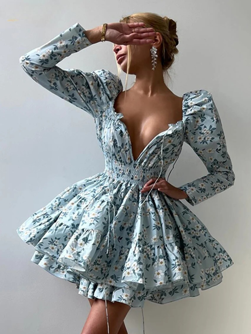 Elegant Fashion Loose Print High Waist Pleated V-Neck Long Sleeve Mini Dresses
