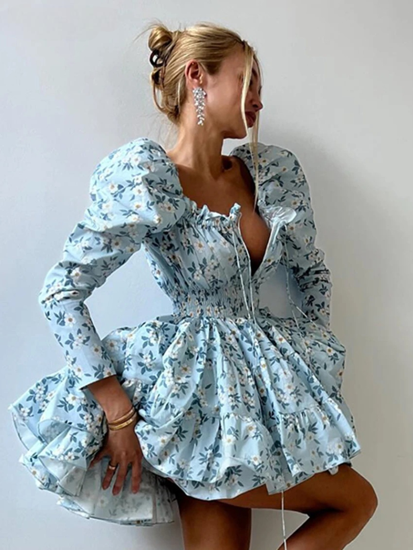 Elegant Fashion Loose Print High Waist Pleated V-Neck Long Sleeve Mini Dresses - Image 2