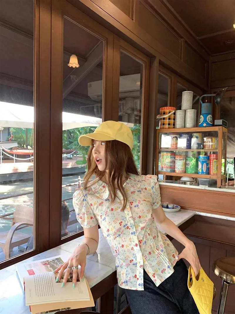 Elegant Floral Sweet Casual Short Sleeve Slim Vintage Retro Tops - Image 2