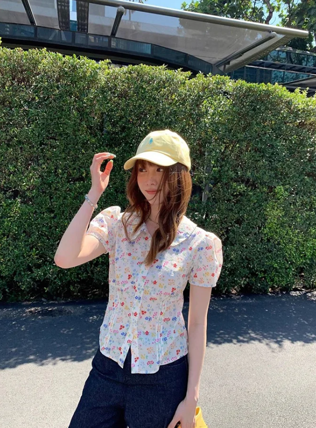 Elegant Floral Sweet Casual Short Sleeve Slim Vintage Retro Tops