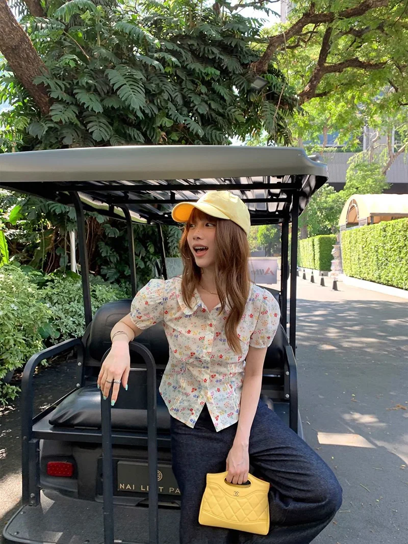 Elegant Floral Sweet Casual Short Sleeve Slim Vintage Retro Tops - Image 5