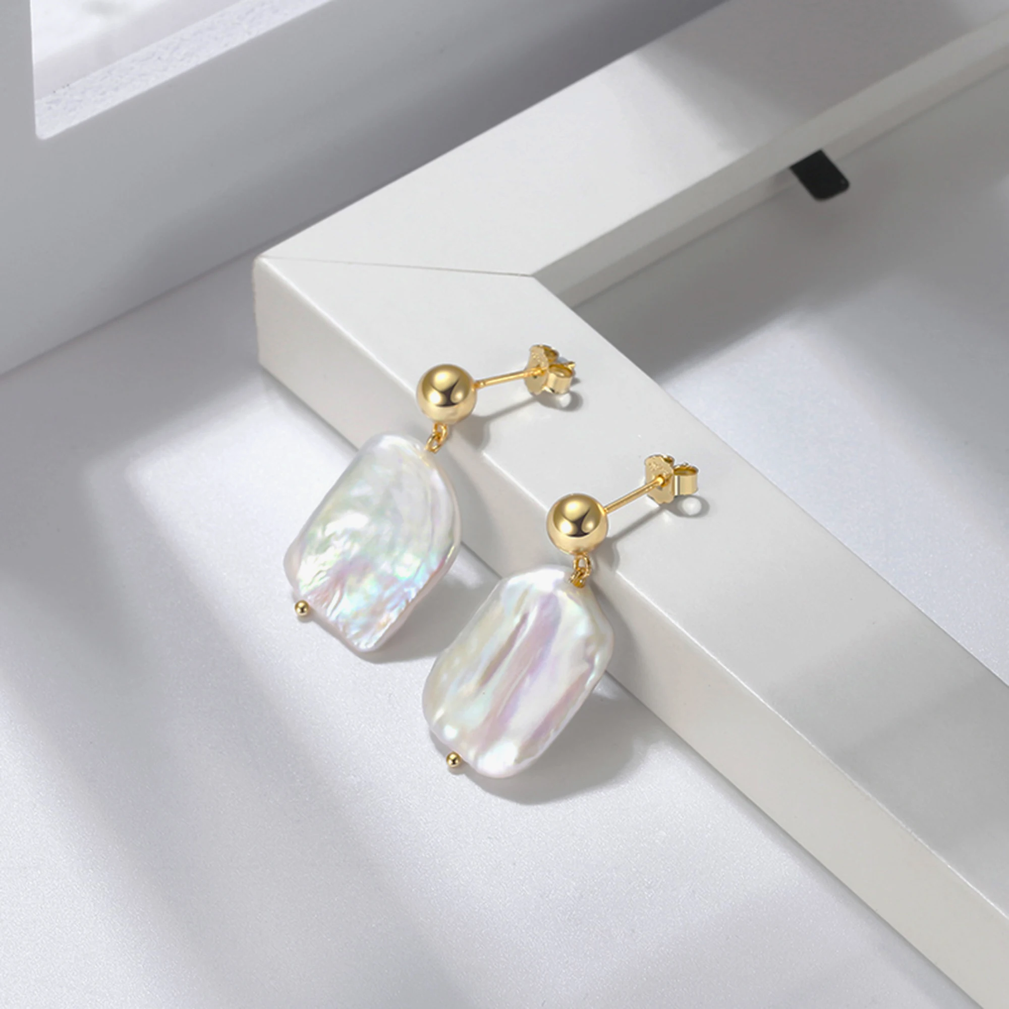 Elegant Geometric 925 Sterling Silver with Irregular Freshwater Pearl Stud Earrings - Image 3