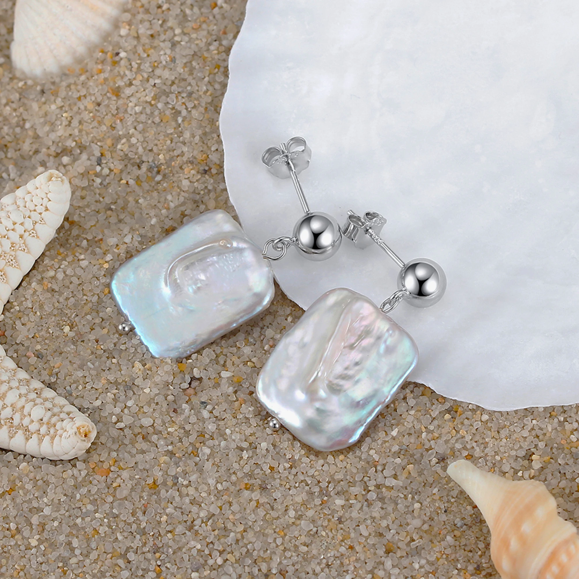 Elegant Geometric 925 Sterling Silver with Irregular Freshwater Pearl Stud Earrings - Image 4