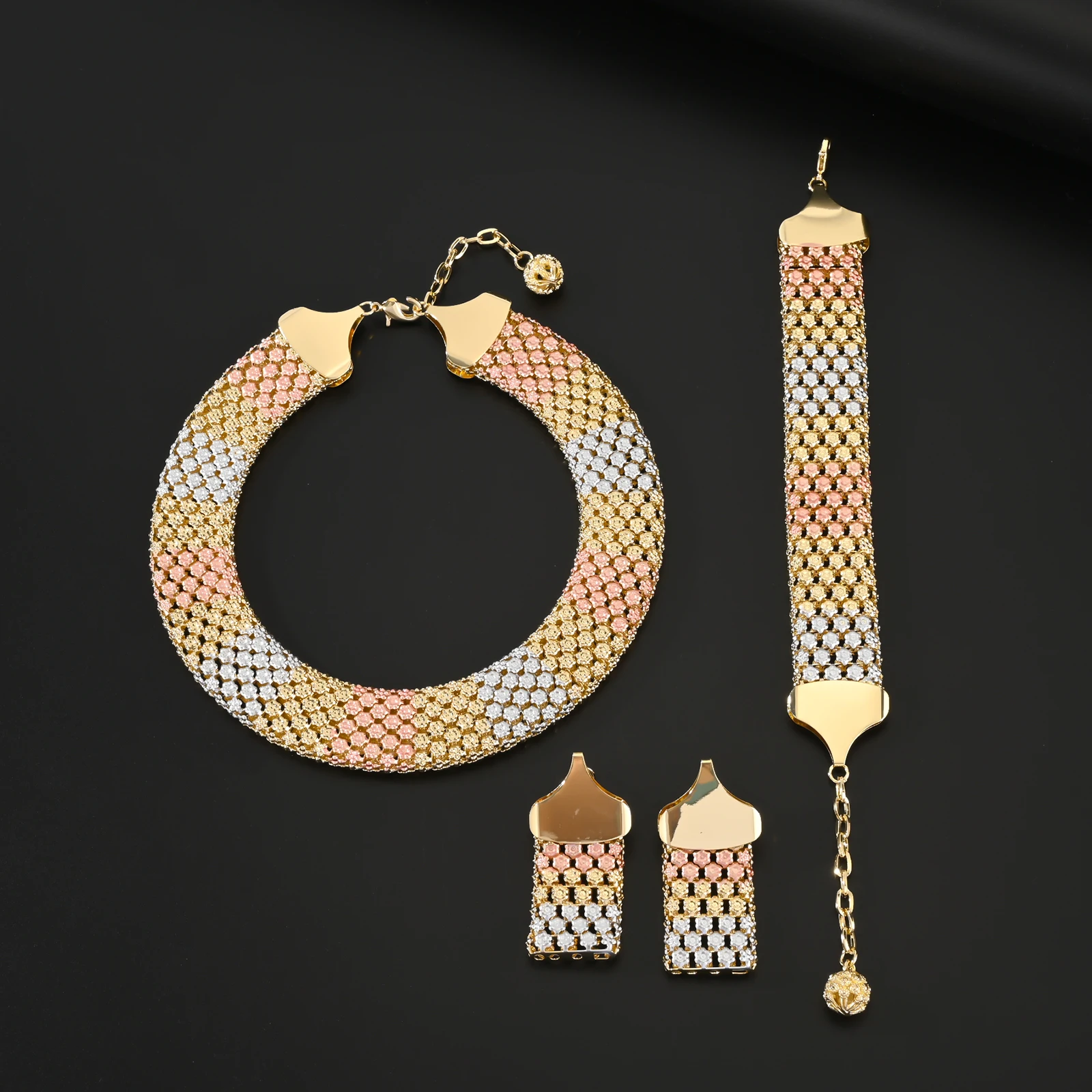 Elegant Geometric Copper Alloy Big Necklace Ethnic Style Bracelet Earrings Jewelry Set - Image 3