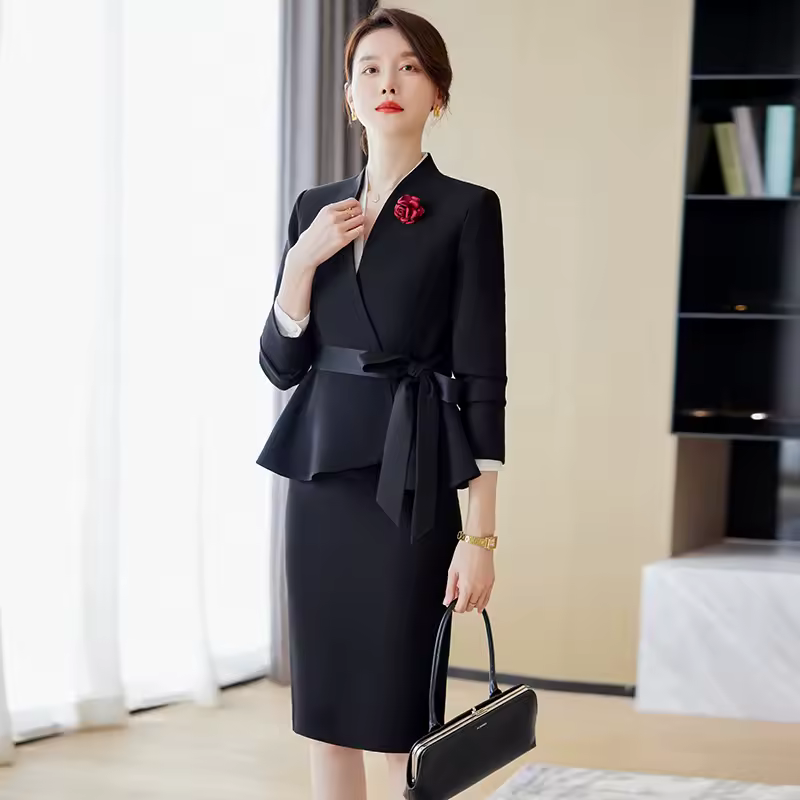 Elegant Hidden Breasted Blazer And Knee-Length Skirt With Belt 2 Piece Suit - Image 4