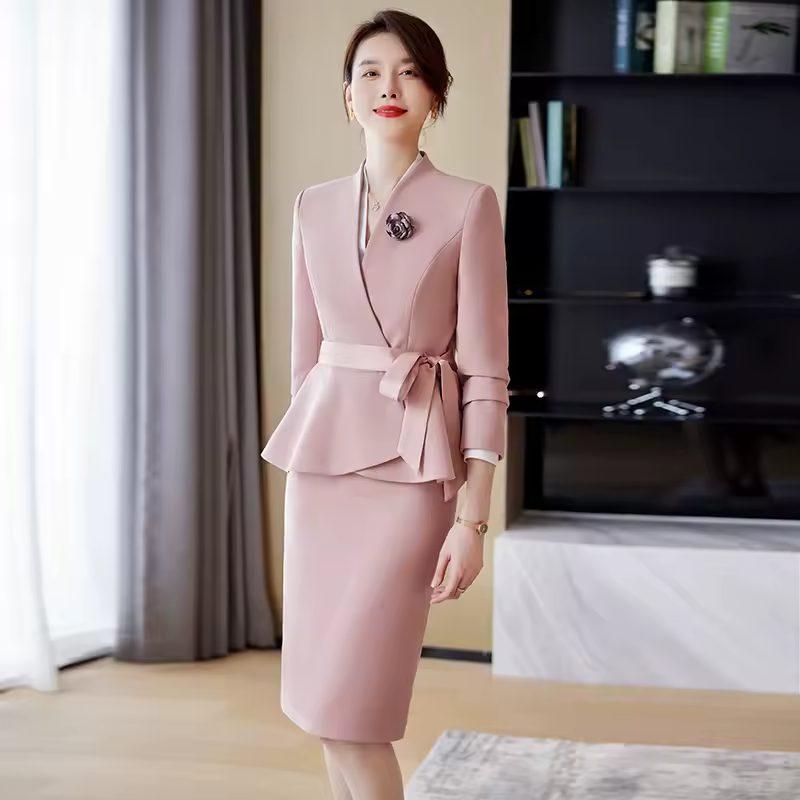 Elegant Hidden Breasted Blazer And Knee-Length Skirt With Belt 2 Piece Suit - Image 5