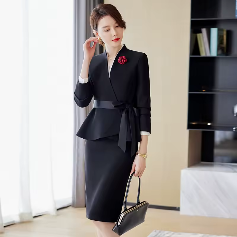 Elegant Hidden Breasted Blazer And Knee-Length Skirt With Belt 2 Piece Suit - Image 3