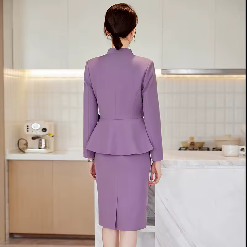 Elegant Hidden Breasted Blazer And Knee-Length Skirt With Belt 2 Piece Suit - Image 2