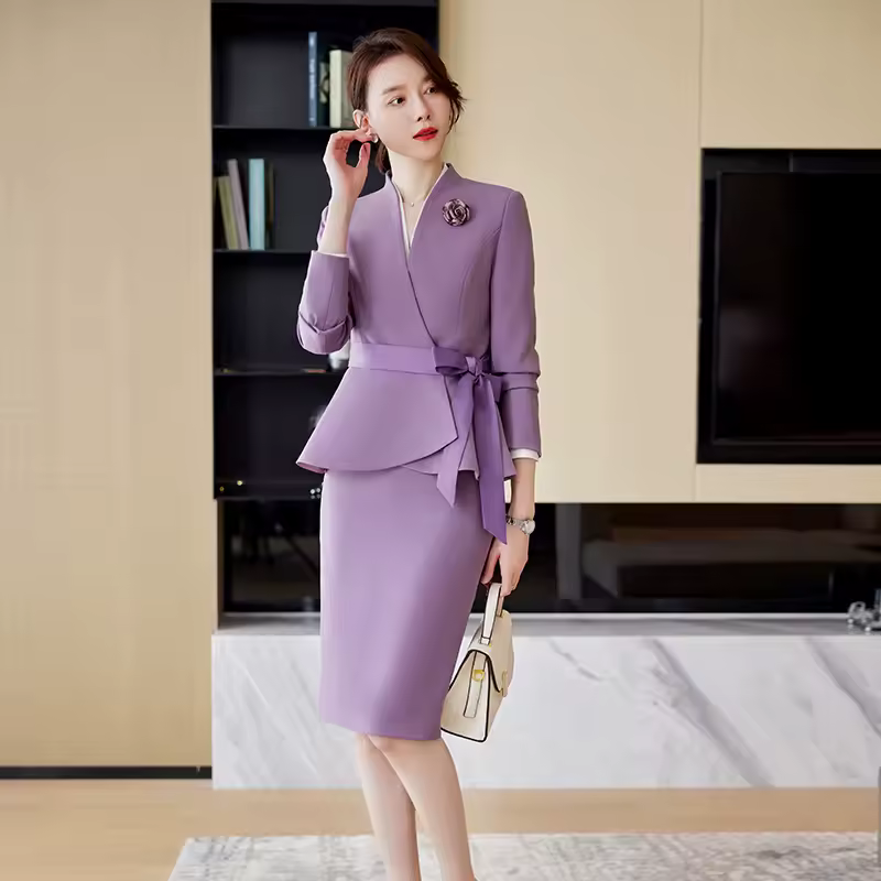 Elegant Hidden Breasted Blazer And Knee-Length Skirt With Belt 2 Piece Suit
