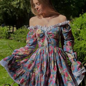 Elegant High Waist Pleated Fashion Slash Neck Long Sleeve Mini Dresses