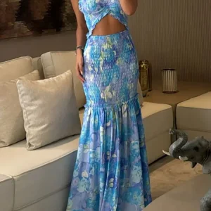Elegant Hollow Out Patchwork Sleeveless Chic Party Maxi Dress