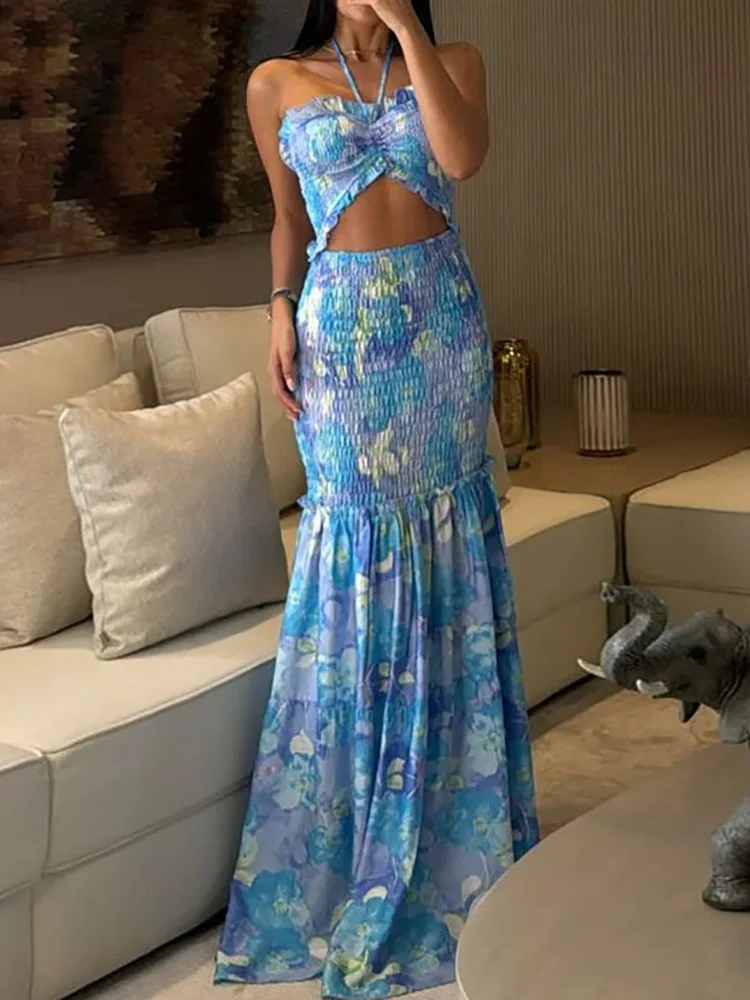 Elegant Hollow Out Patchwork Sleeveless Chic Party Maxi Dress