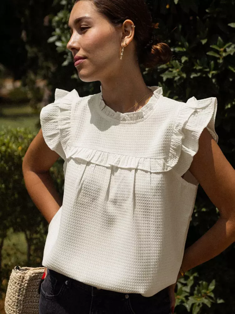 Elegant Jewel Neckline Street Style Ruffled Flutter Sleeve Blouse