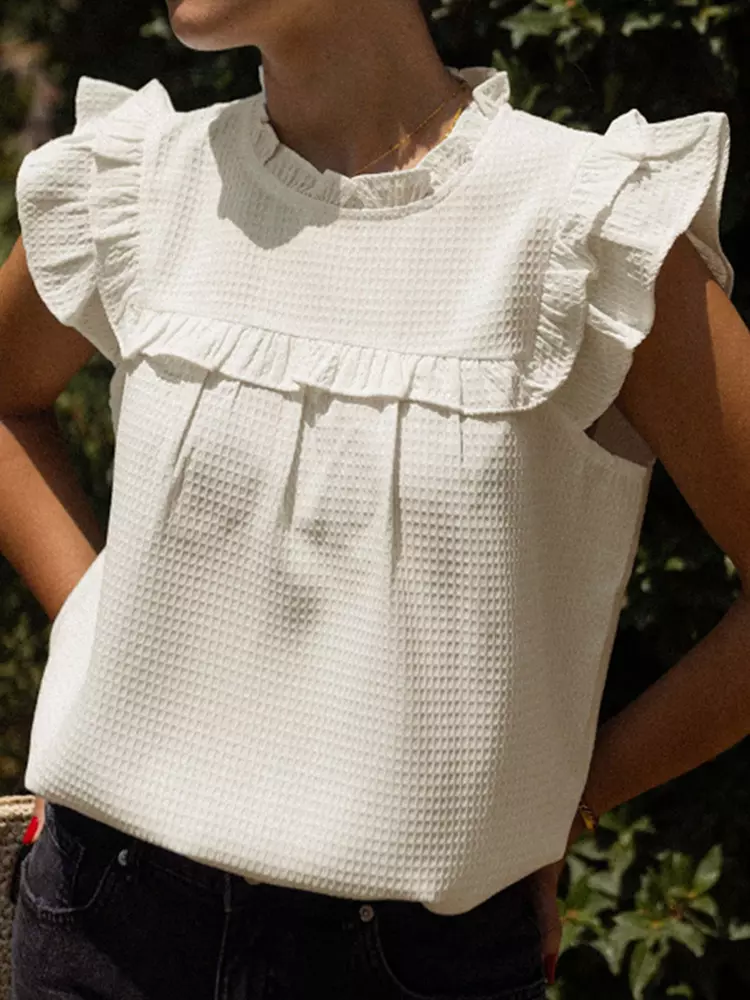 Elegant Jewel Neckline Street Style Ruffled Flutter Sleeve Blouse - Image 3