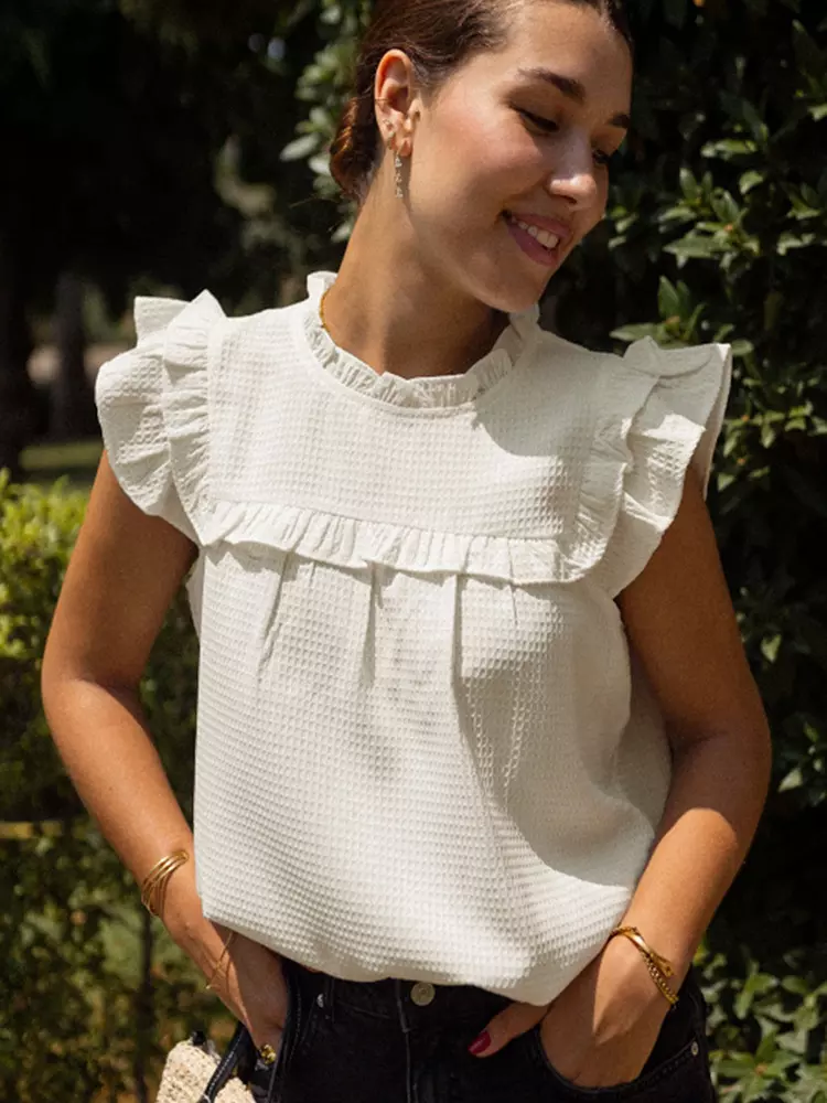 Elegant Jewel Neckline Street Style Ruffled Flutter Sleeve Blouse - Image 2