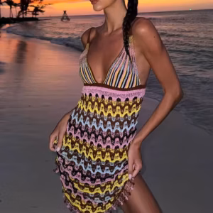 Elegant Zigzag Knitted Contrast Backless Slim Fit Mini Dresses