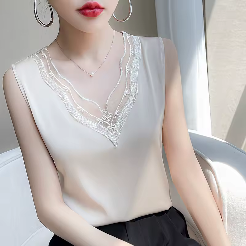 Elegant Lace Daily Wear Loose Satin Sleeveless Tank Tops