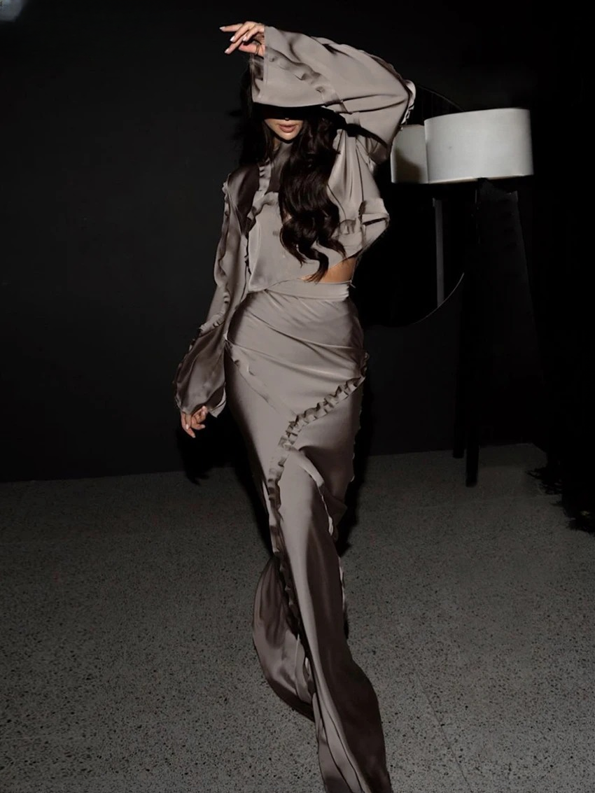 Elegant Long Sleeve Crop Top With High Waist Long Skirt Set