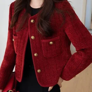 Elegant Single Breasted Long Sleeve O-Neck Outerwear Tweed Coats
