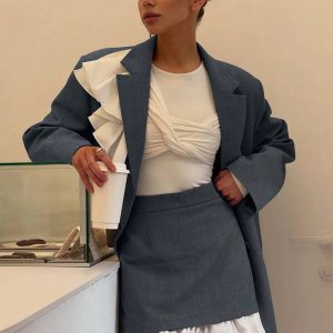 Elegant Long Sleeve Ruffled Button Blazers High Waist Mini Skirts Sets