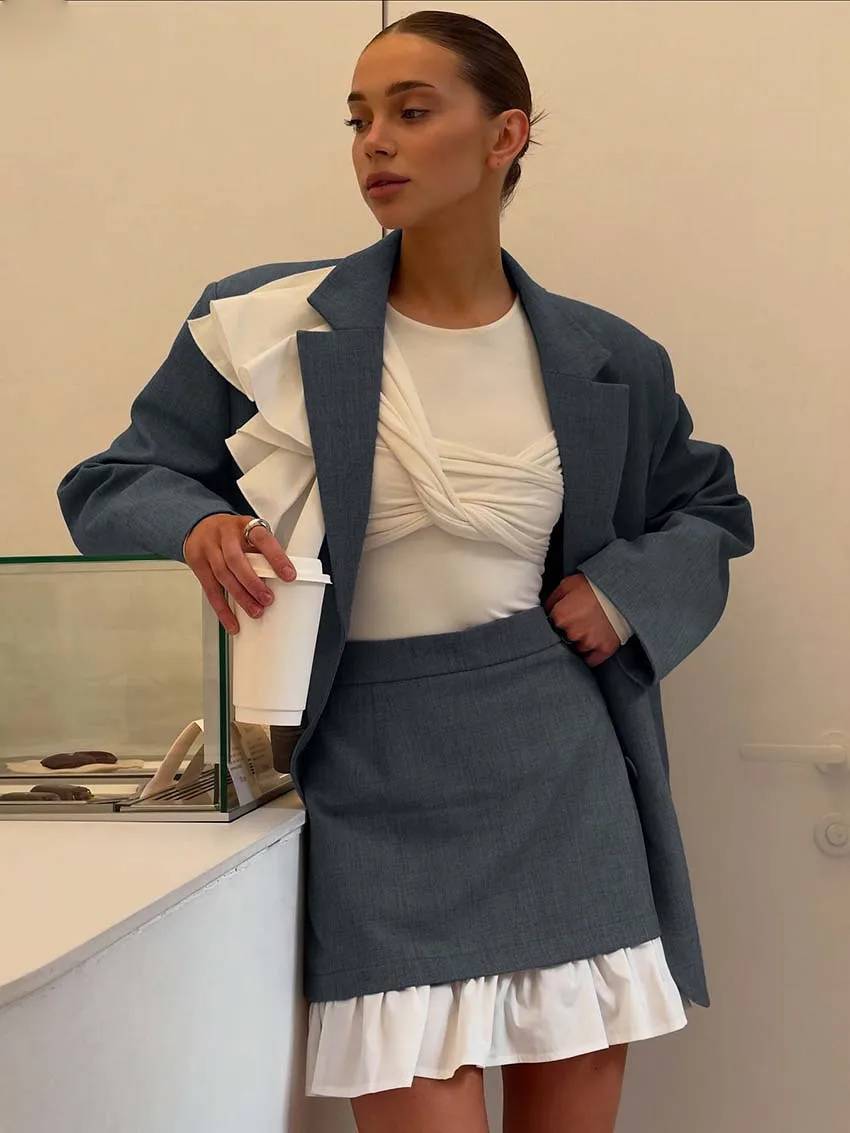 Elegant Long Sleeve Ruffled Button Blazers High Waist Mini Skirts Sets