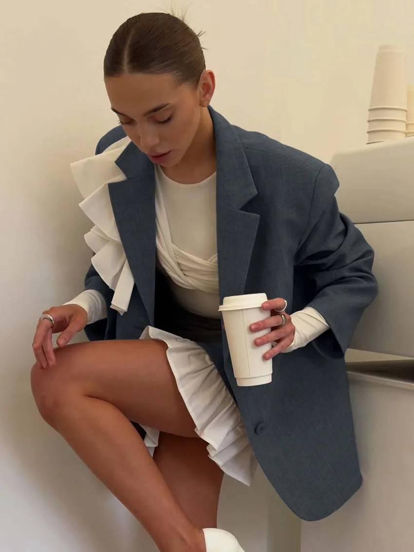 Elegant Long Sleeve Ruffled Button Blazers High Waist Mini Skirts Sets - Image 3