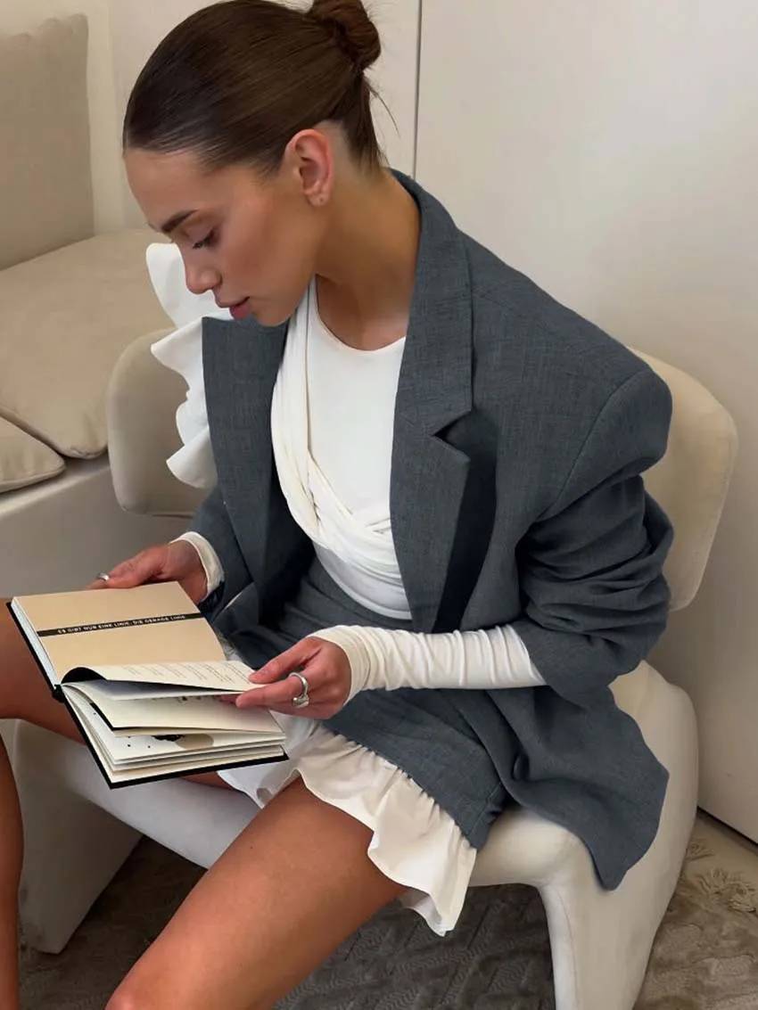 Elegant Long Sleeve Ruffled Button Blazers High Waist Mini Skirts Sets - Image 4