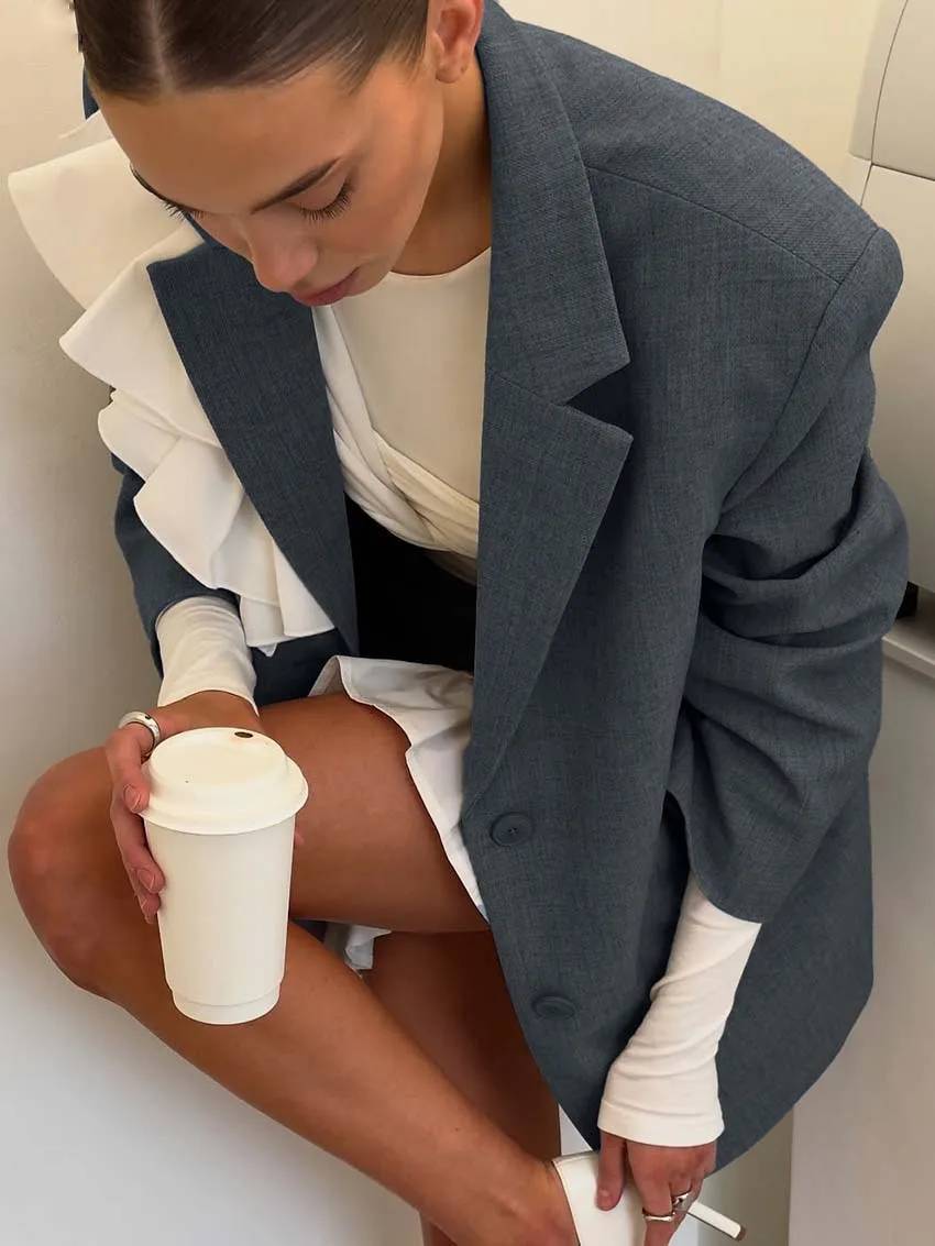 Elegant Long Sleeve Ruffled Button Blazers High Waist Mini Skirts Sets - Image 5