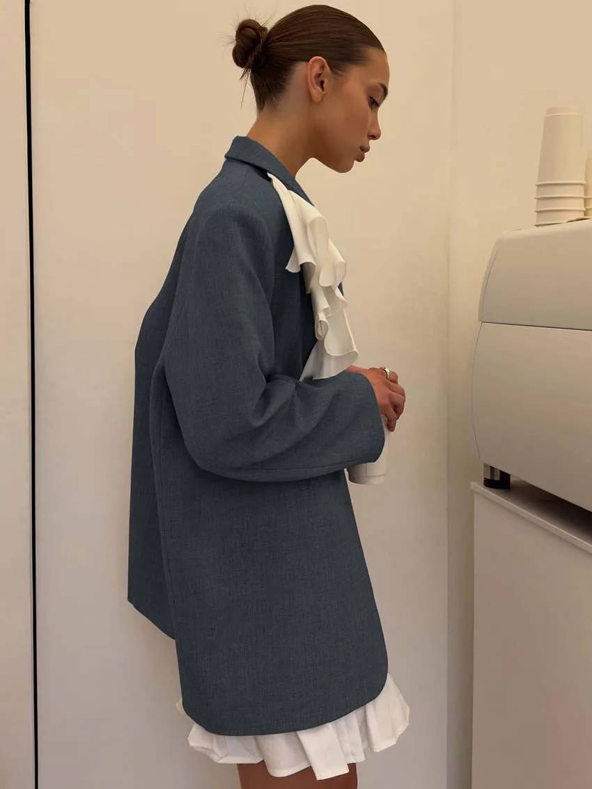 Elegant Long Sleeve Ruffled Button Blazers High Waist Mini Skirts Sets - Image 7