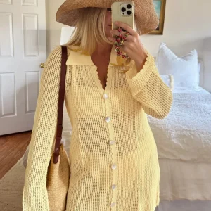 Elegant Loose V Neck Button Coverup Cardigan Knit Mesh Beach Dress