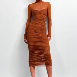 Elegant Mesh Patchwork Elastic Solid High Neck Long Sleeve Dress