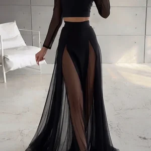 Elegant Mesh Patchwork Elastic Waist Chic Holiday Skirts Sets